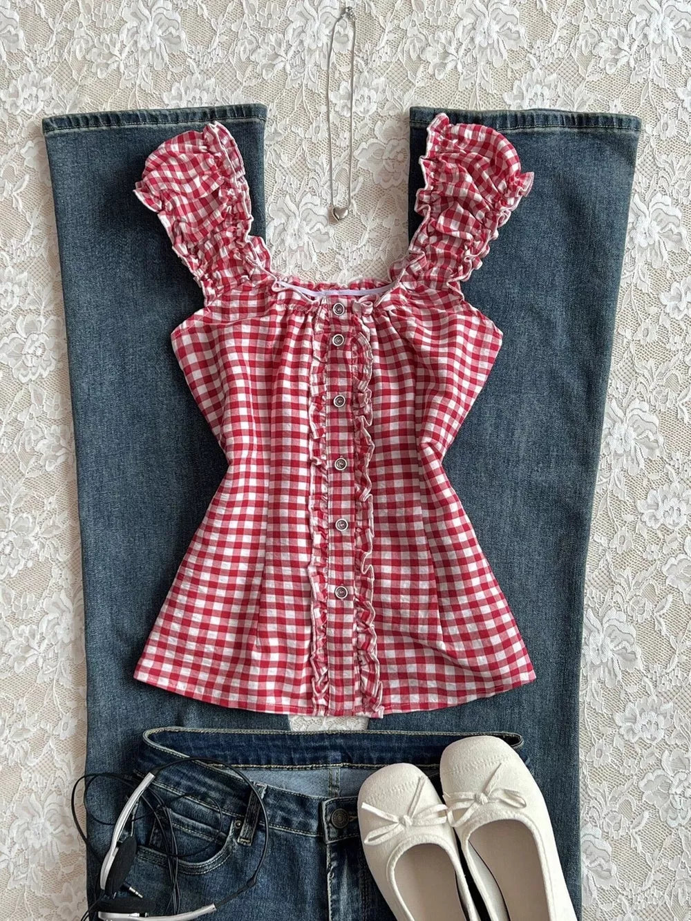 Frill Gingham Cap Sleeve Blouse, model styling view