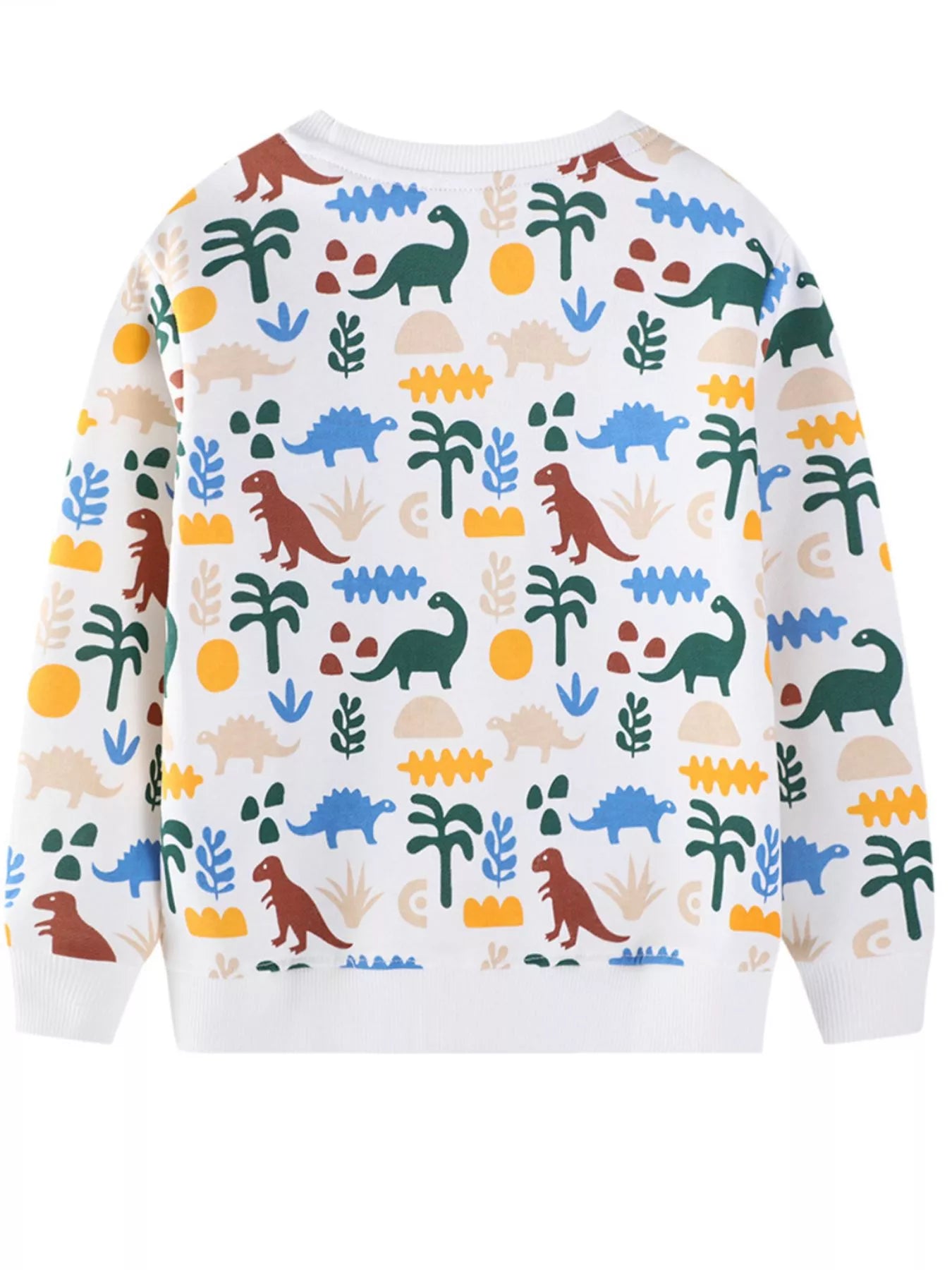 White kids sweatshirt with a colorful dinosaur and palm tree print.