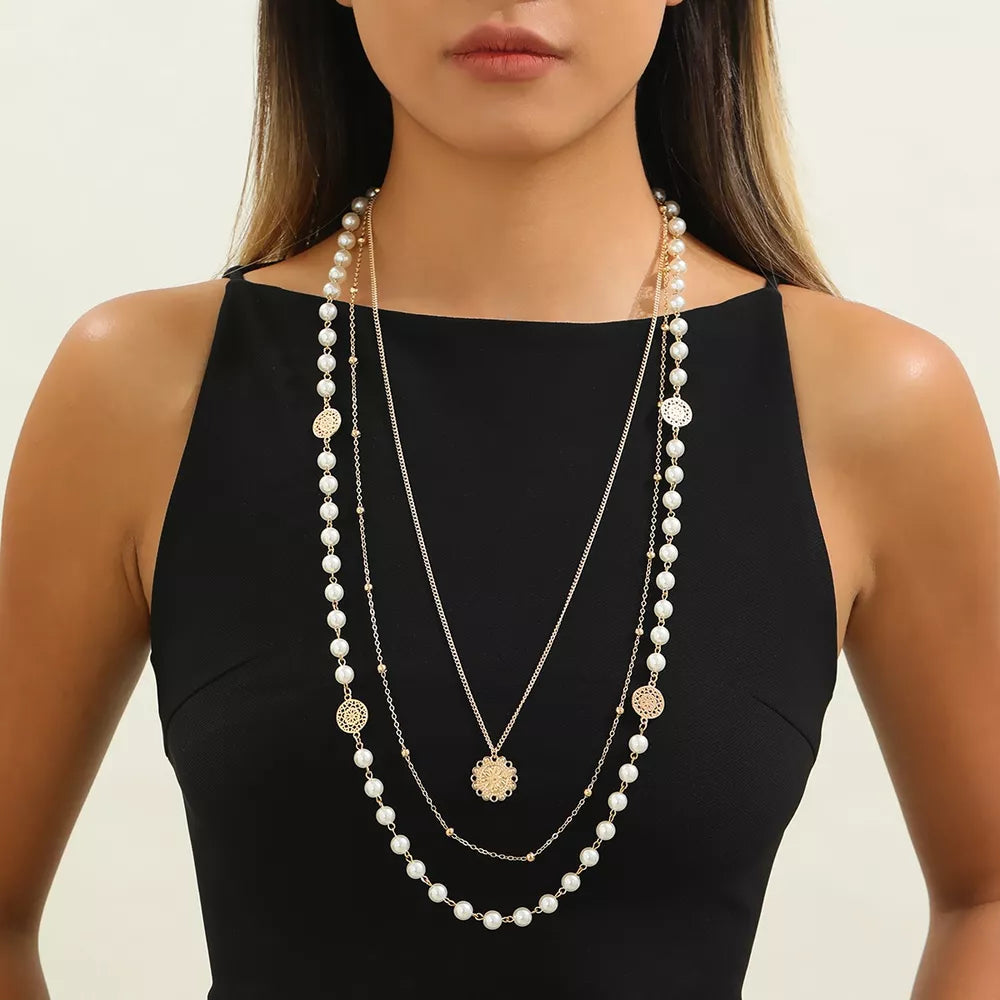 Multi-layered Pearl And 18k Gold-plated Necklace in Gold, model styling view