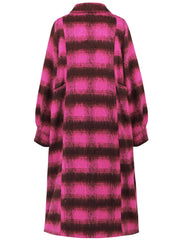 Hot Pink plaid cocoon coat with oversized sleeves and pockets.