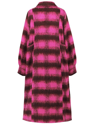 Hot Pink plaid cocoon coat with oversized sleeves and pockets.