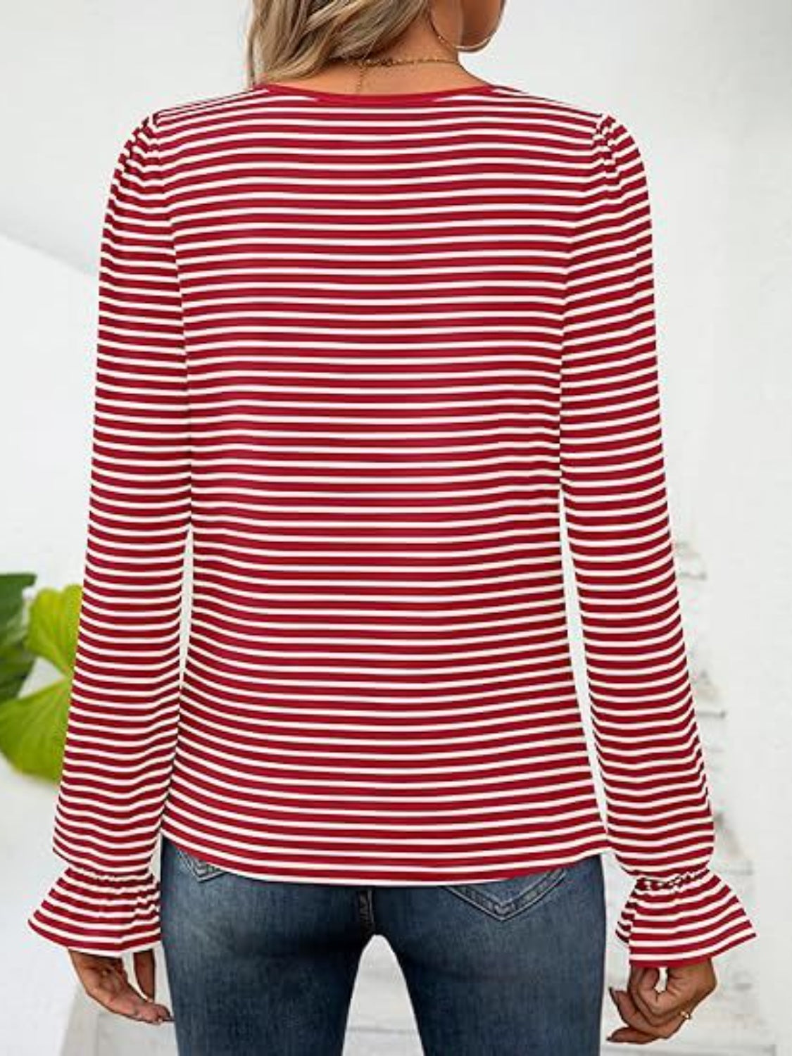 Deep Red striped blouse with ruffle cuffs and long sleeves.