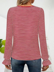 Deep Red striped blouse with ruffle cuffs and long sleeves.