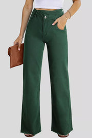 Green cotton jeans with crossed v-waist and straight leg, frayed hem