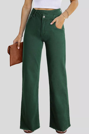 Green cotton jeans with crossed v-waist and straight leg, frayed hem