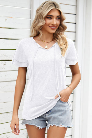 White flutter sleeve henley tee with tie neck detail
