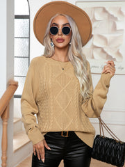 Khaki cable knit raglan sleeve pullover sweater with diamond pattern detail.