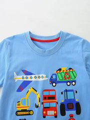 Light blue cotton t-shirt with a playful vehicle graphic featuring an airplane, garbage truck, excavator, double-decker bus