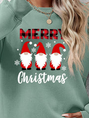 Sage Christmas gnome graphic sweatshirt with Merry Christmas text and snowflakes.