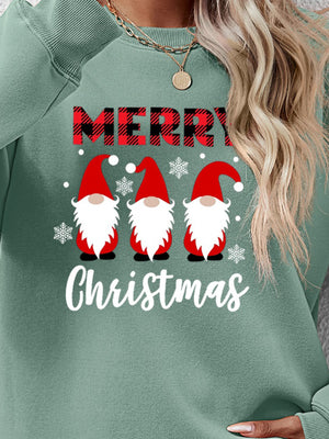Sage Christmas gnome graphic sweatshirt with Merry Christmas text and snowflakes.