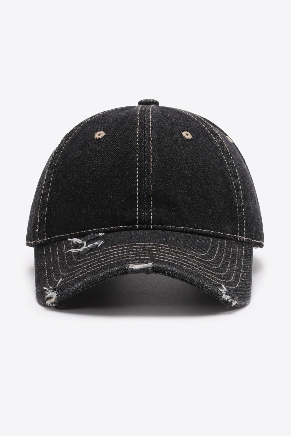 Black distressed baseball cap with contrast stitching and adjustable strap