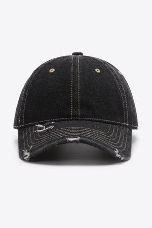 Black distressed baseball cap with contrast stitching and adjustable strap