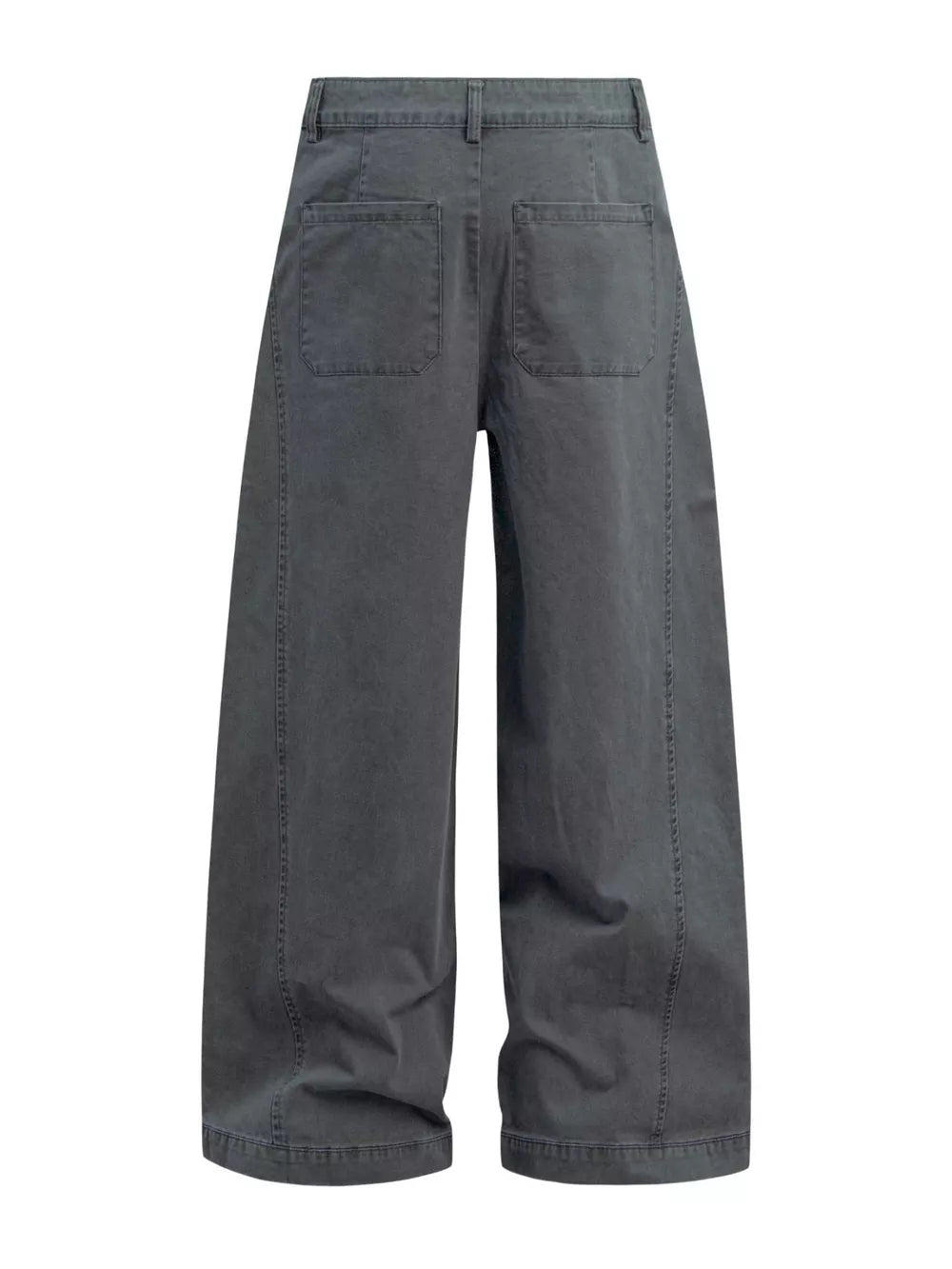 Grey cotton sweatpants with wide legs, button closure, belt loops, and two back pockets.