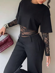 Lace Patchwork Short Sleeve T-shirt in Black, close-up detail