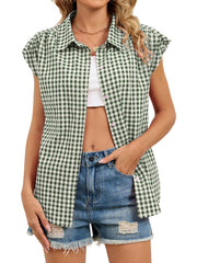 Green gingham cotton shirt with cap sleeves and button-down front, styled casually.