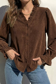 Solid Color Ruffle Trim V Neck Corduroy Jacket, front view