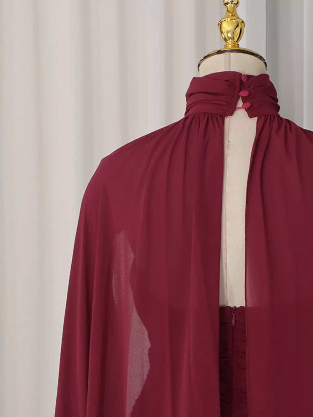 Ruched Halter Neck Cape Maxi Dress in Red, fit detail