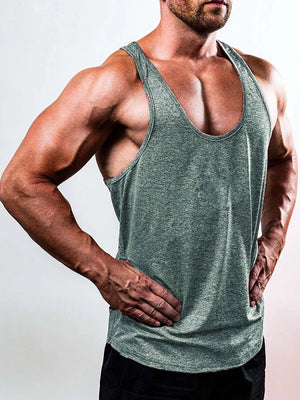 Performance racerback tank top in dark gray heather with a scoop neck.