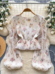Chiffon floral blouse with balloon sleeves and cropped hem