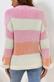 Ribbed stripe knit sweater with balloon sleeves in cream, pink, and orange.