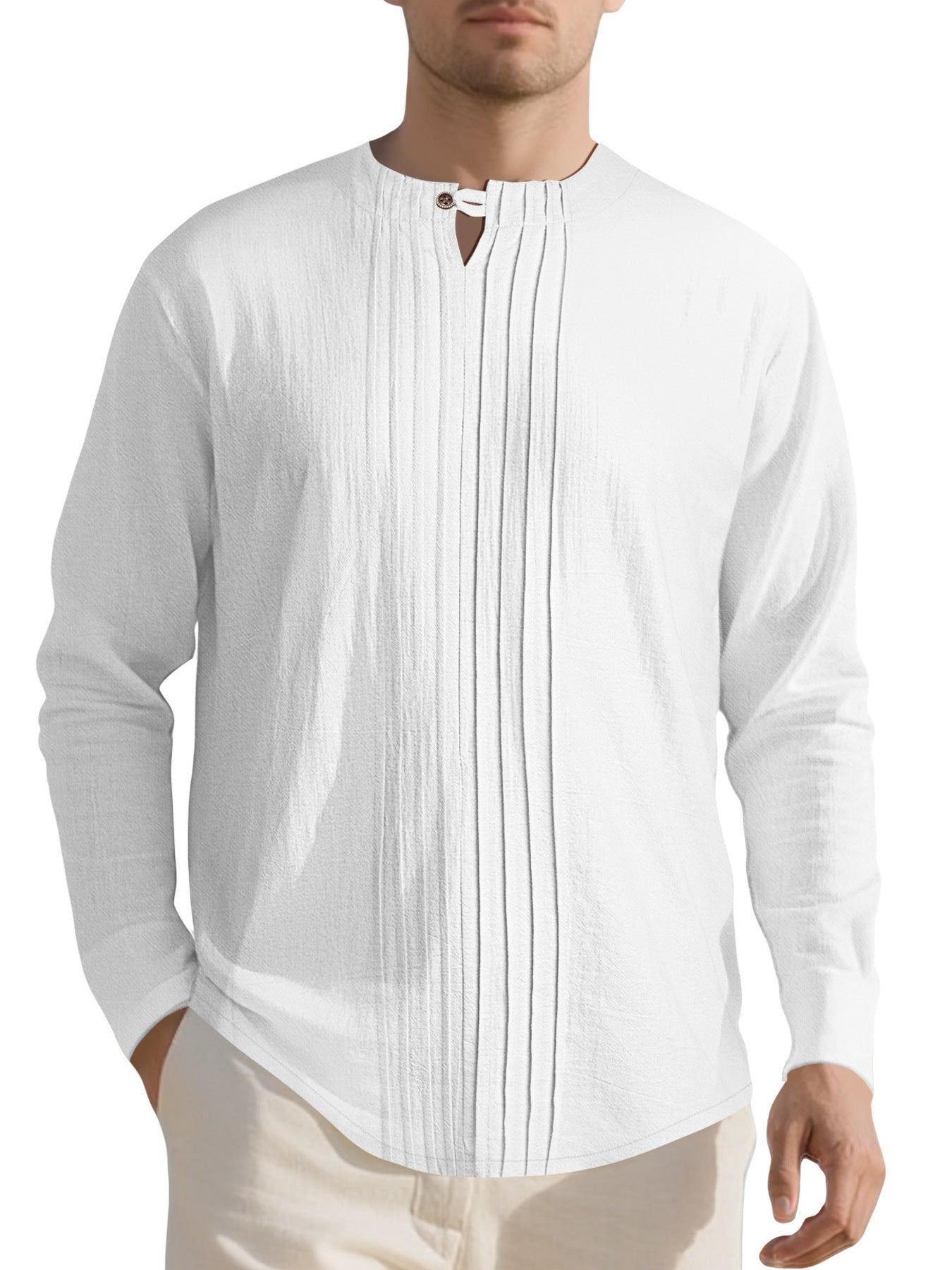 Men's Casual Pleated Long Sleeve Shirt Plus Size, alternate angle