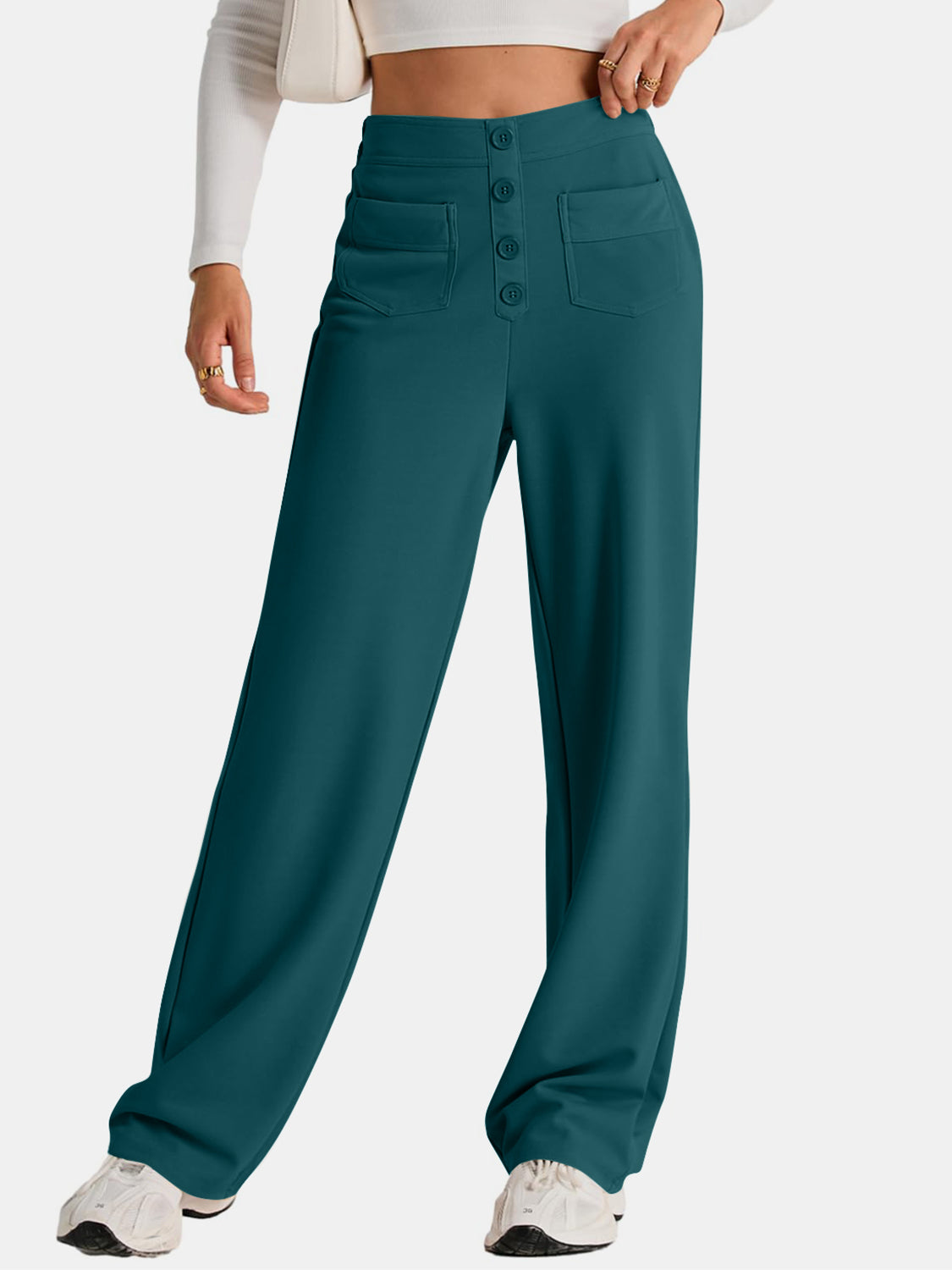 Button-front wide leg trousers in deep teal with patch pockets and a high waist.
