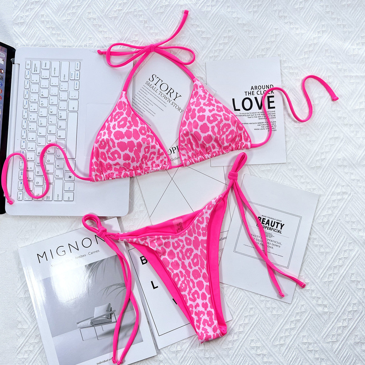Hot Pink Leopard Print Tie-Side Bikini Set with triangle cups and adjustable ties.