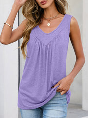 Purple gathered pleat V-neck tank top with a relaxed fit.