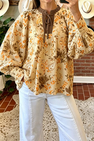 Paisley Print Tie Neck Long Sleeve Top in Tan, close-up detail
