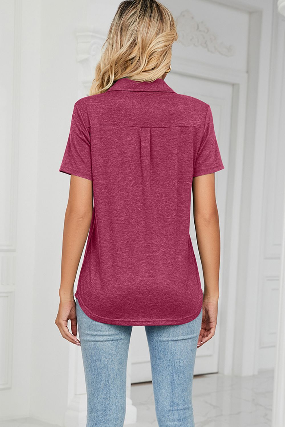 V-Neck Polo Pocket Tee in heathered berry with short sleeves and a curved hem.