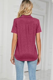 V-Neck Polo Pocket Tee in heathered berry with short sleeves and a curved hem.