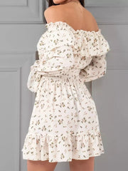 Off-shoulder Floral Ruffle Dress in Blue, model styling view