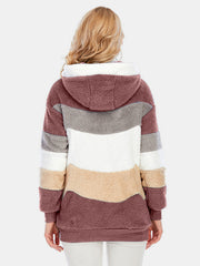 Teddy fleece hoodie with color block pattern in burgundy, grey, white, tan, and brown.