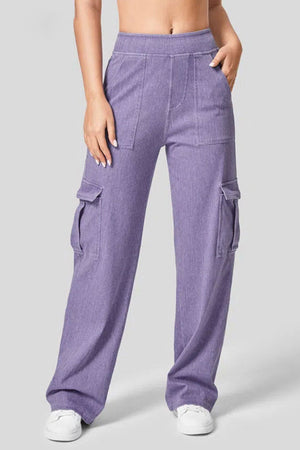 Lilac denim wide-leg cargo pants with front and side pockets.