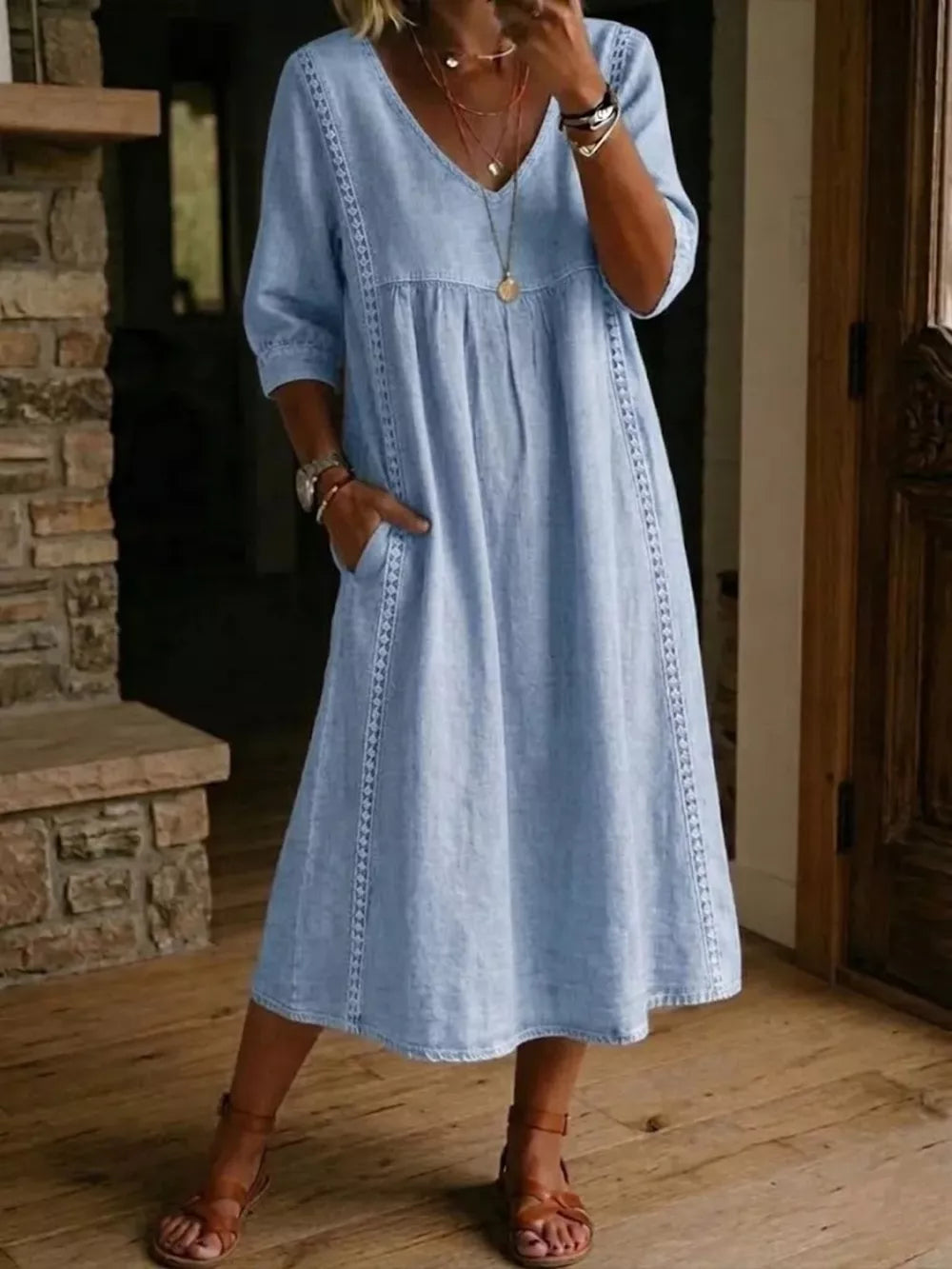 Full Size V-neck 3/4 Sleeve Midi Dress Plus Size, front view