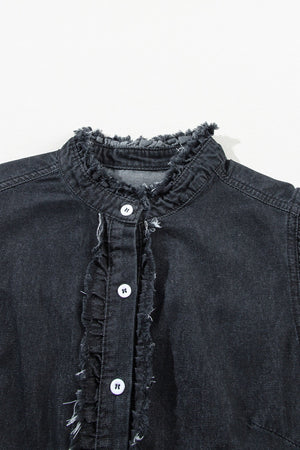 Black denim button-up shirt with frayed ruffle trim and stand collar.