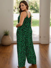 Cami leopard print palazzo jumpsuit in deep teal with spaghetti straps and wide legs.