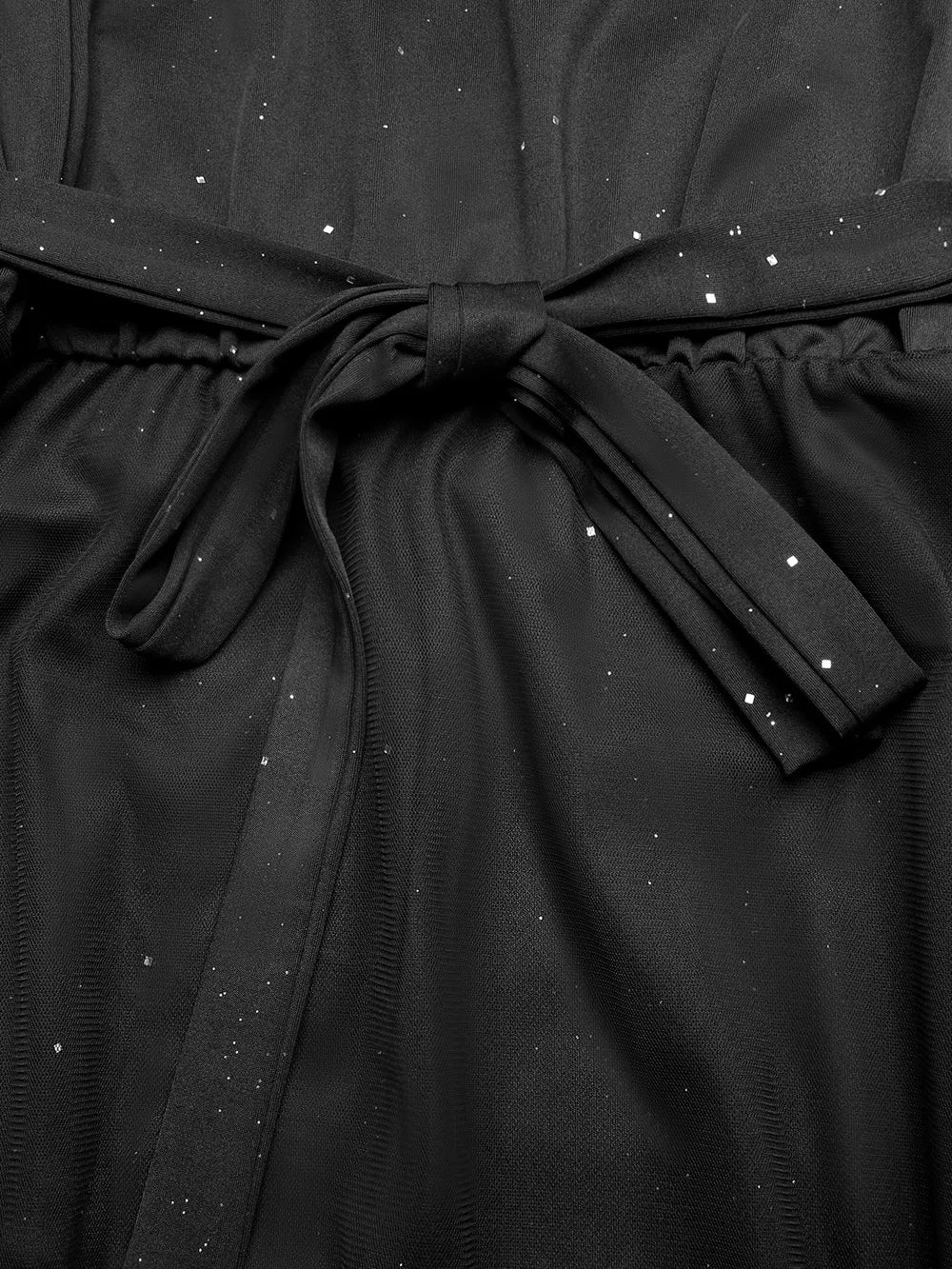 Black glitter tulle midi dress with self-tie belt detail