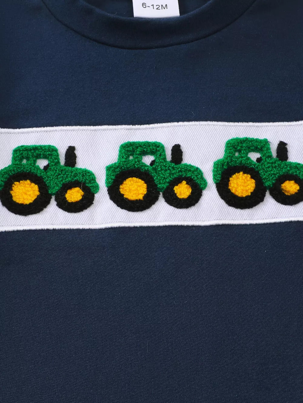 Navy baby set with applique tractors on white stripe detail
