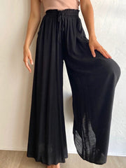 Black gathered waist wide-leg palazzo maternity pants with drawstring.