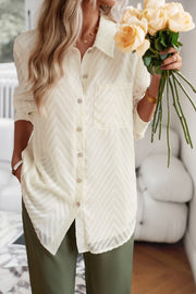 Textured Chevron Button-Down Blouse in Ivory with a collared neckline and button front.
