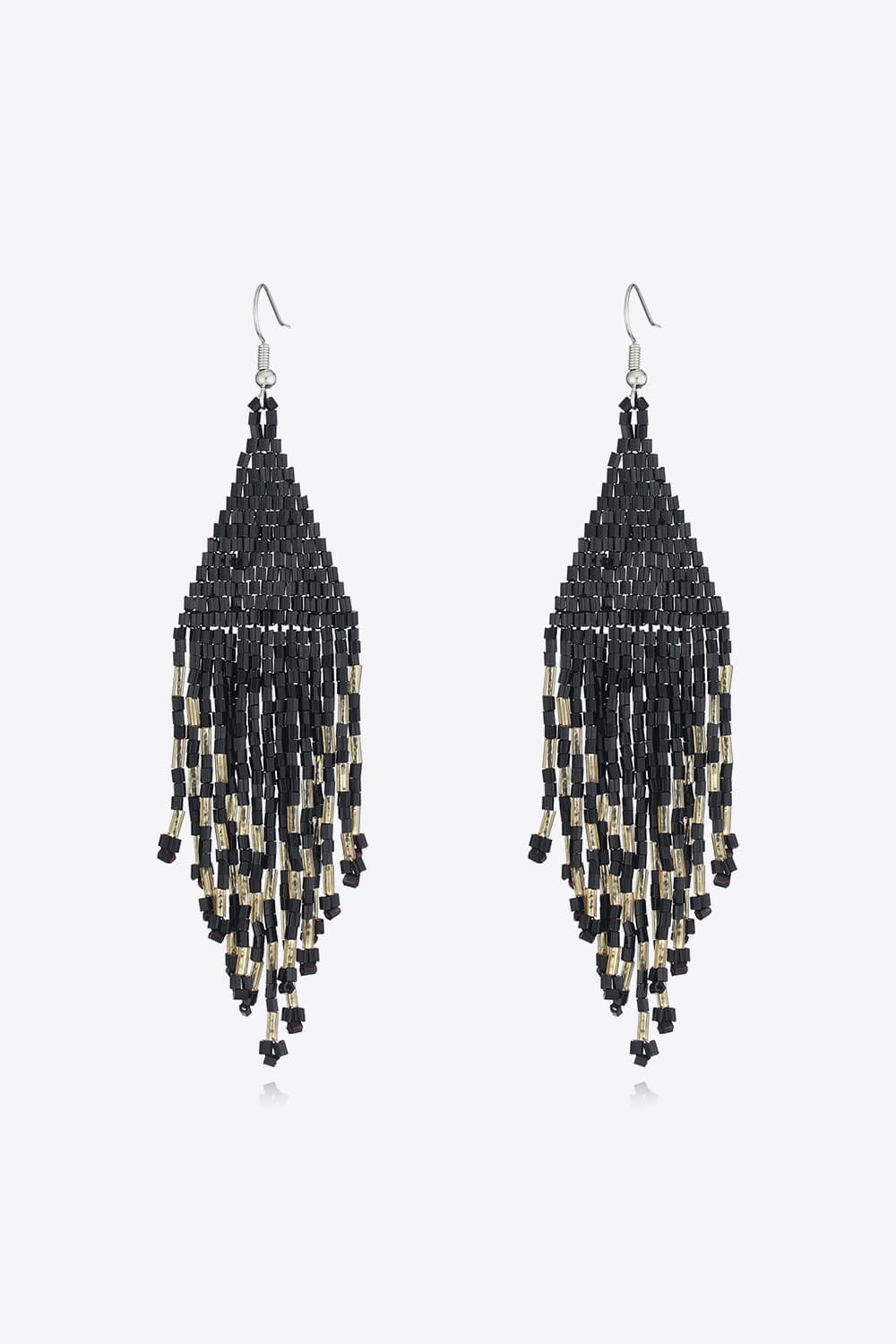 Black and gold beaded fringe earrings with a triangular shape and cascading strands.