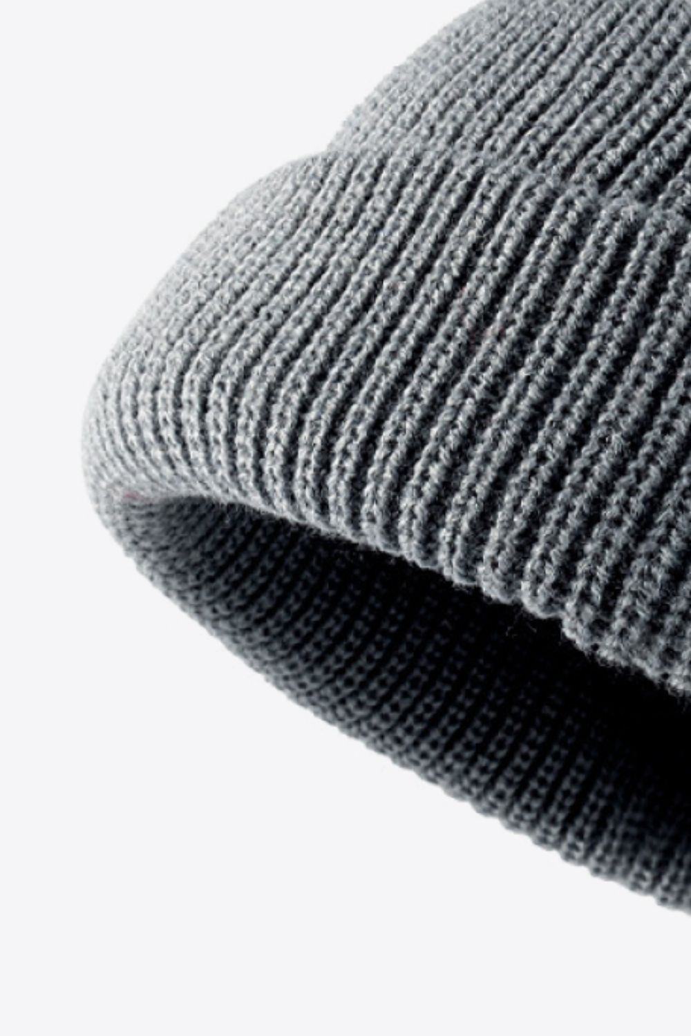 Gray ribbed knit beanie with folded edge detail