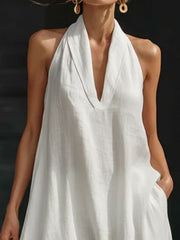White halter neck maxi dress with pockets, V-neckline, cotton linen blend
