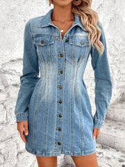 Sculpted denim button-down mini dress in medium wash cotton with a flattering fit.
