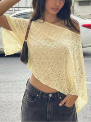 Yellow sheer one-shoulder cropped cardigan with a textured knit and wide sleeves.