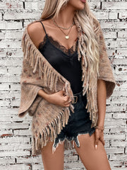 Textured fringe shawl cardigan in camel with multi-color flecks and open front.