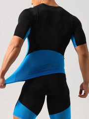 Men's black and blue performance t-shirt with short sleeves and athletic fit.