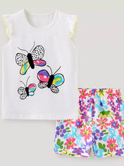 White cotton toddler set with butterfly print top and floral print shorts