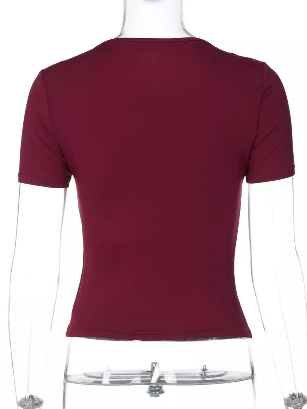 Wine red tie-front t-shirt with lace trim, short sleeves, and cropped fit.